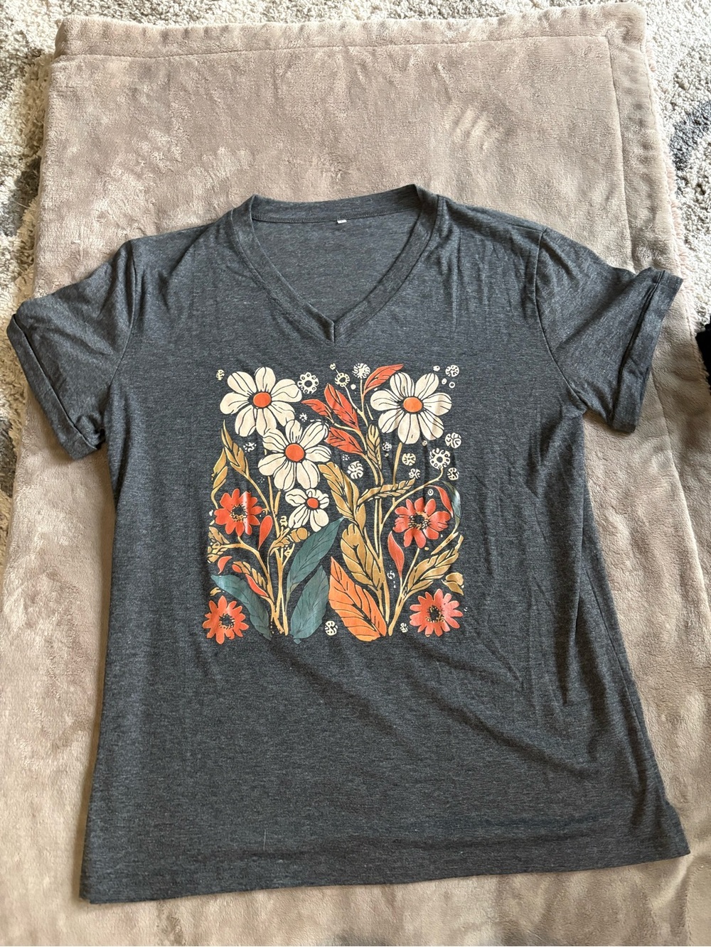Floral Graphic V-Neck Tee - Charcoal